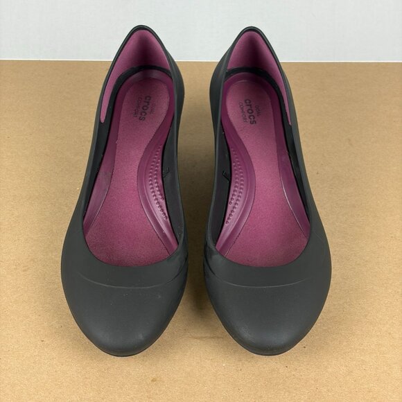 Crocs Lina Wedge Shoes Womens 9 Black Slip On Heel Casual Comfort - Picture 2 of 10